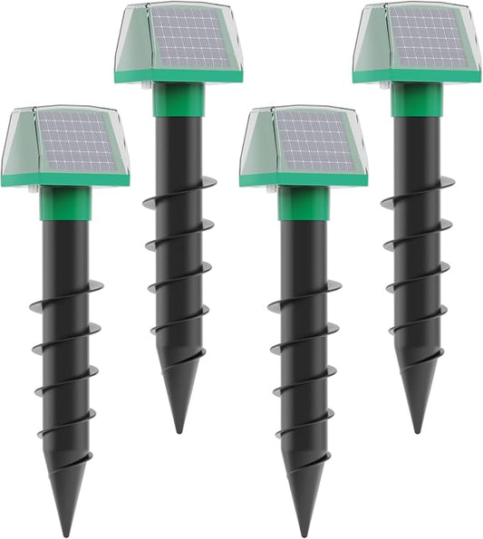 Mole Repellent Screw Solar Powered Gopher Deterrent Stake for Outdoor Lawns with Electic Vibration, Repels Snake Vole Groundhog Armadillo from Yard and Garden (4 Pack)
