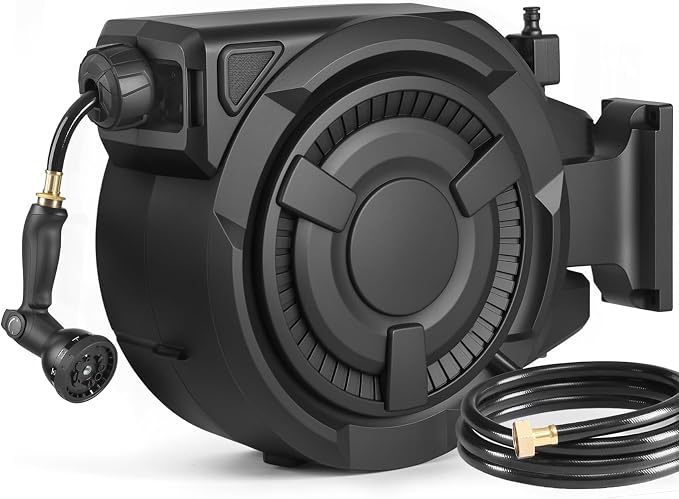 wikiwiki Retractable Garden Hose Reel 1/2 in x 65 ft, Heavy Duty Wall Mounted Hose Reel with 10- Function Sprayer Nozzle, Automatic Slow Return System/180°Swivel Bracket/UV Resistant (Black)