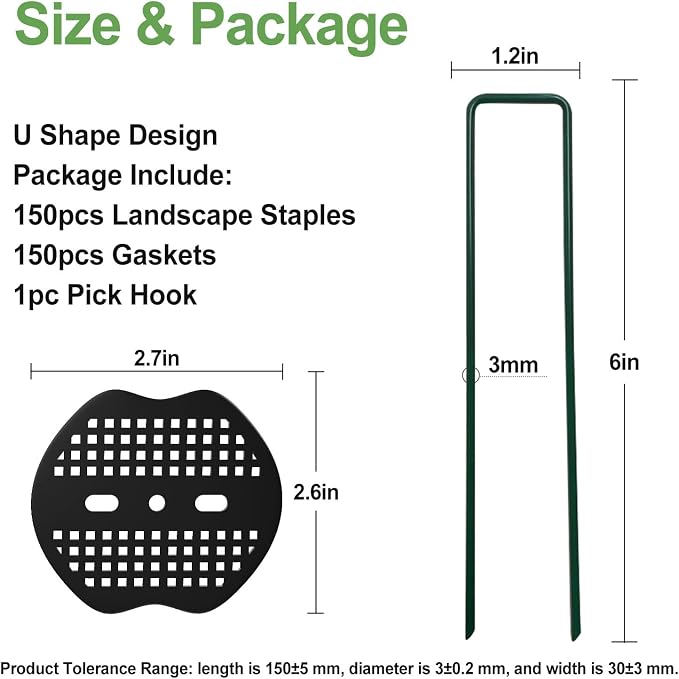 Landscape Staples 6Inch 150pcs Garden Stakes + 150pcs Gasket, Lawn Pins with Spray Coating Craft,11Gauge Anti-Rust Ground Yard Spikes Anchoring for Outdoor Tents Irrigation Hoses (Green)