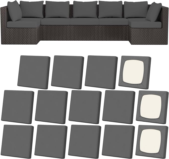 14Pcs Patio Stretch Cushion Covers, Outdoor Couch & Sofa Replacement Slipcovers for Patio Furniture Cushion Covers, Washable Reusable Furniture Protector, Square Large, Medium Grey