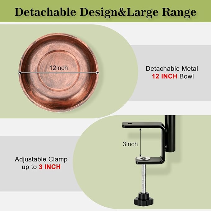 Gtongoko Deck Mounted Metal Bird Bath for Outside 12 Inch, Weather-Resistant Birdbath Bowl for Balcony Fence Railing with Adjustable Clamp Outdoors