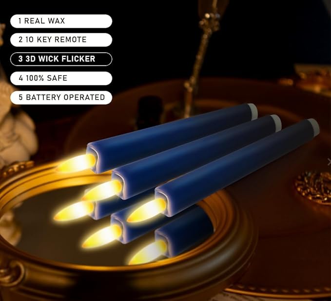 KSWING Upgraded Real Wax LED Flameless Navy Blue Taper Candles with Remote, 6 PCS Candlesticks Battery Operated 3D Flickering - 9.6" Long Realistic Fake Candle Sticks for Home/Wedding/Xmas Deco
