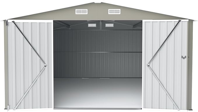 YOPTO 10x14 FT Outdoor Storage Shed, Extra Large Metal Garden Shed with Waterproof Roof, 4 Vents and 3 Lockable Doors,All-Weather Tool Shed Storage House for Backyard, Patio, Lawn,Light Grey