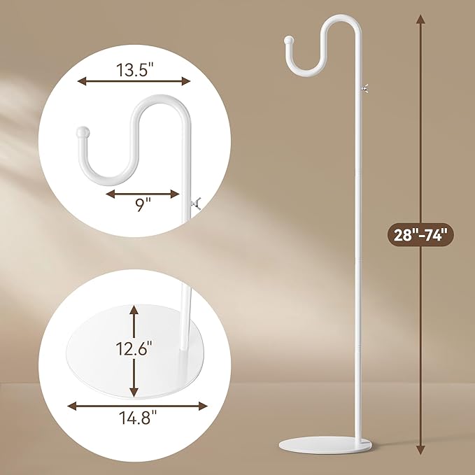 74" Shepherds Hook Stand, Adjustable Wind Chime Stand with Heavy Duty Base, Free Standing Plant Hanger Pole for Bird Feeders, Lanterns, Wreaths & Plants, Indoor Outdoor, Holds Up to 20 LBS, White