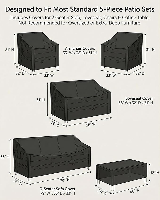 Patio Furniture Cover Set, 5-Piece Outdoor Furniture Cover Waterproof, 600D Heavy-Duty Lawn Patio Set Covers UV-Resistant Outdoor Protection for Sofa, Loveseat, Chairs & Coffee Table, All-Season,Black