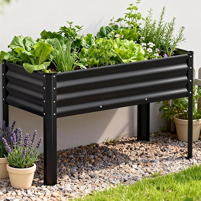 COMHOMA Raised Garden Bed with Legs 4x2x2.5ft,Large Elevated Galvanized Metal Planter Box with Drainage Holes,Outdoor Growing Kit with Gloves Tools for Backyard Patio Lawn,Black