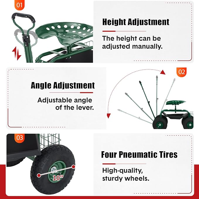 Garden Cart Rolling Workseat with Wheels, 360° Swivel Gardening Stool, Extendable Steering Handle & Utility Tool Tray, 10-Inch Inflatable Tires, Reinforced Steel Construction for Patio, Yard, Outdoor