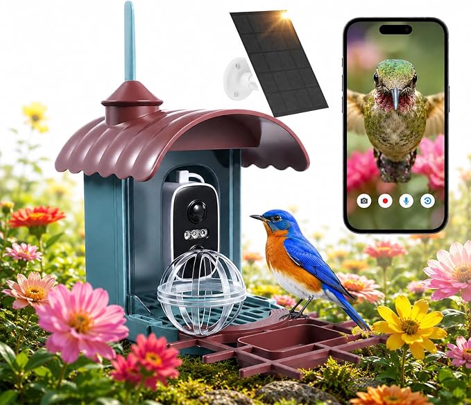 Smart Bird Feeder with Camera - AI Identify 10000+ Bird Species, Solar Powered Bird House with 1080P Color Night Vision, Auto Capture Bird Videos, Wireless Outdoor Camera, Ideal Gift for Nature Lover