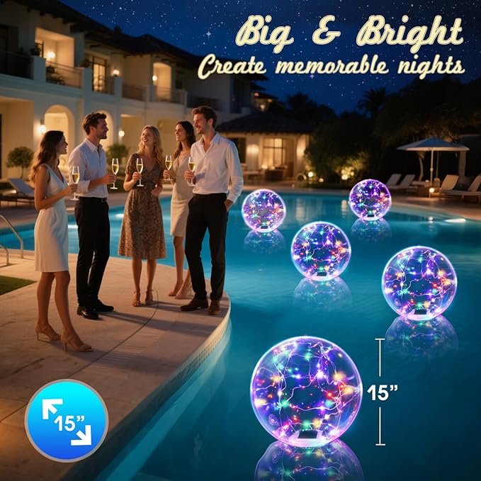 Askyli Floating Pool Lights, Colorful LED Solar Pool Lights that Float, IP68 Waterproof Light up Pool Balls, 15" Inflatable Floating Light for Pools Party Wedding Decor (2Piece)