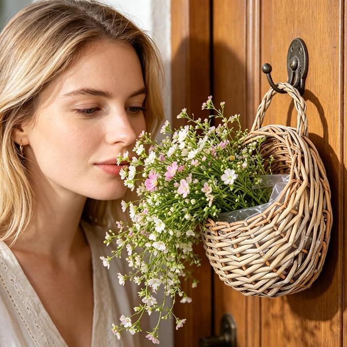 DOITOOL Wall Hanging Flower Basket, 2PCS Handmade Wicker Hanging Willow Wall Basket, Rattan Chlorophytum Comosum Holder for Boho Decor, Front Door, Home, Garden, Flowers, Mail, Fruit