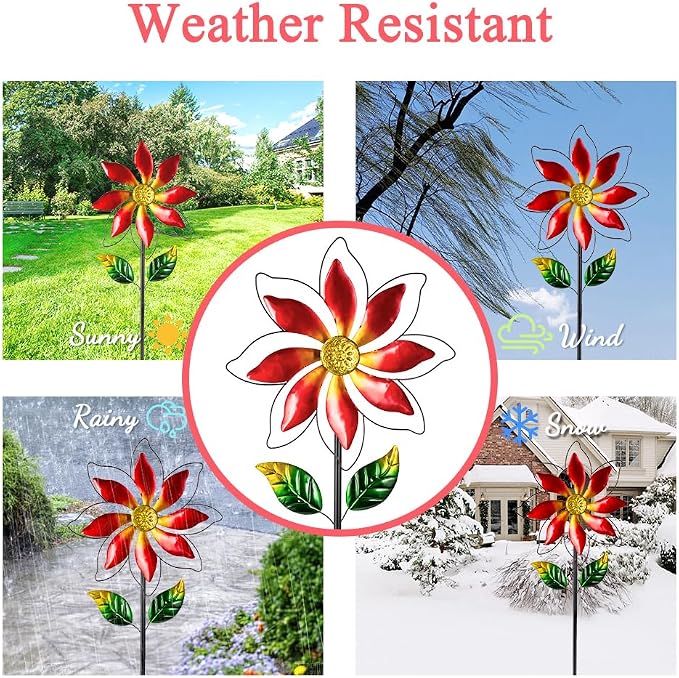 Wind Spinner Outdoor,14’’ Dia Red Flower Shape Garden Pinwheels Spinners,Waterproof Windmill for Yard Lawn Patio Decor