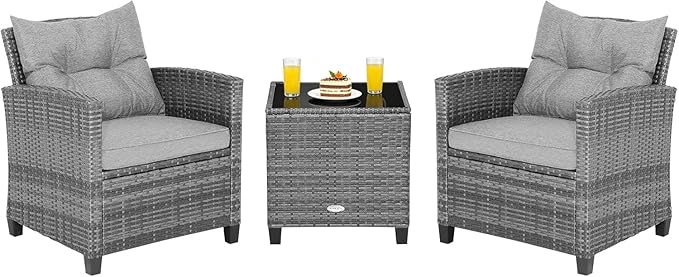 COSTWAY 3-Piece Patio Furniture Set, Outdoor Wicker Rattan Sofa with Cushions, Coffee Table with Tempered Glass, Conversation Sofa Set for Poolside Backyard Balcony (Grey)
