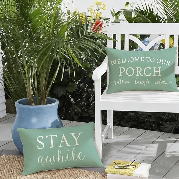 RABUSOFA Welcome to Our Porch Decor Outdoor Pillow Covers Waterproof,12x20 Set of 2 Eucalyptus Green Stay Awhile Relax Lumbar Cushion Case Decorations for Patio Couch (Green)