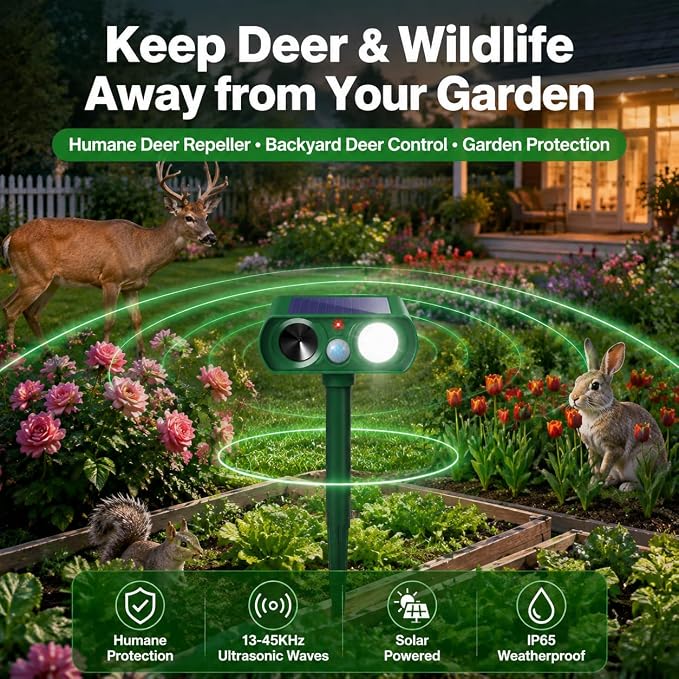 2026 Upgraded Sonic Fortress Pro Deer Repellent Device,2Pack Solar Ultrasonic Animal Repellent with Motion Sensor&Flash Light-IP65 Waterproof Rabbit Fortress Pro,Cat Repellent for Yard