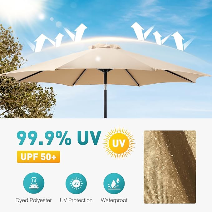 OLIXIS 9FT Patio Table Umbrella with Tilt and Crank Button & 8 Sturdy Ribs Waterproof, 9 Feet Outdoor Patio Umbrella Sun Shade for Poolside, Terrace, Beach and Restaurant, Khaki