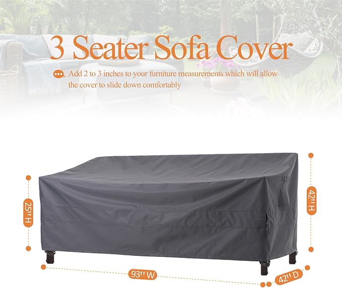 WJ-X3 3-Seater Patio Sofa Cover,Outdoor Couch Covers, 93" x 42" x 42", Gray | Heavy-Duty Waterproof, UV-Resistant and Anti-Fading, High Wind Resistance