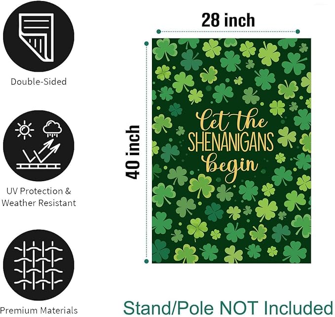 St Patricks Day House Flags 28 x 40 Double Sided for Outside Shamrock Clover Let the Shenanigans Begin Garden Decor Saint Patrick Spring Yard Signs