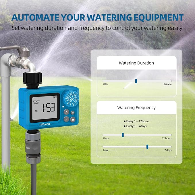 TiFFCOFiO Sprinkler Timer Outdoor, Digital Programmable for Garden Hose, Irrigrtion Timer with Rain Delay and Manual Mode (1 Pack)