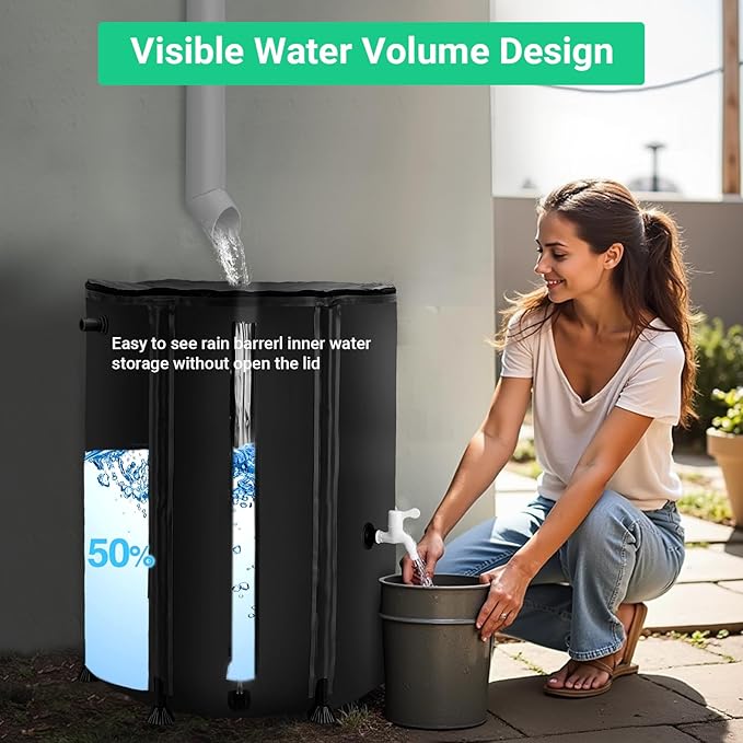 FAMIROSA 50 Gallon / 200L Rain Barrel, Collapsible Rain Barrels to Collect Rainwater from Gutter with Spigots and Overflow, 500D PVC Portable Rain Water Collection Catching System, Water Catcher Tank