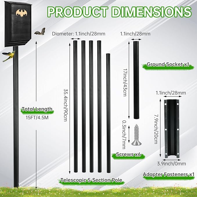 15 FT Telescoping Bird House Pole, Heavy Duty Bat House Mounting Pole | Adjustable outdoor mounting pole with ground socket for Purple Martin houses, birdhouses and bat houses in gardens and yards