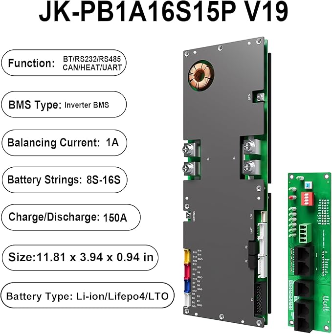 JKBMS Inverter BMS 8S-16S 24V-48V 150A – V19 Home Energy Storage BMS with UART Port, 1A Active Balance, Built-in Bluetooth, RS485 & CAN, for Solar System (JK-PB1A16S15P V19)