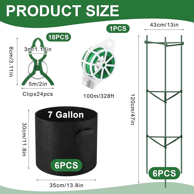 Wenqik 6 Packs Tomato Cage with 7 Gallon Grow Bags 47 Inch Tomato Planter with Trellis 18 Pcs Clips and 328ft Twist Tie Garden Tomato Pot for Vertical Climbing Plants Cucumber