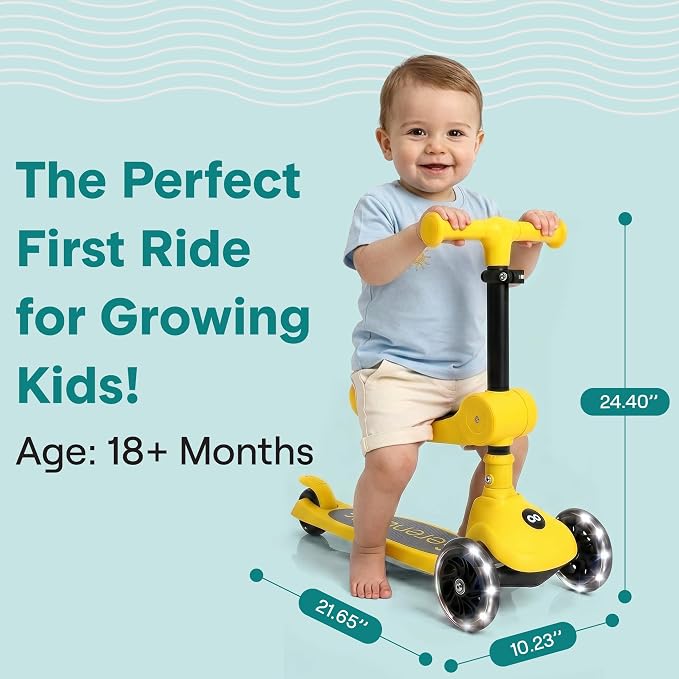 SereneLife 3 Wheel Scooter for Toddlers & Kids, Foldable Seat, LED Wheels, Adjustable Handlebar, Anti-Slip Deck, Rear Foot Brake, Lean-to-Steer, Kid Scooter, Supports up to 110 lbs (Yellow)