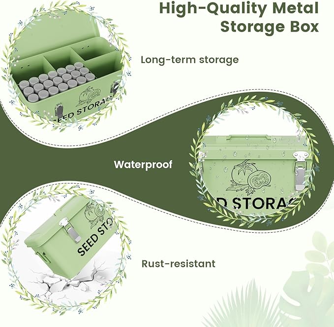 Seed Storage Organizer Box, Metal Seed Box, Garden Seed Organizer with Lid, Seed Containers Storage with 5 Compartments, 30 Seed Holder Organizers, 100pcs Seed Envelopes (Green)