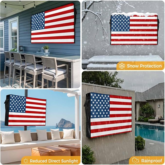 American Flag Outdoor TV Cover - 30-32 Inch Weatherproof, USA Flag Waterproof TV Enclosure with Zipper & Roll Up Front Flap