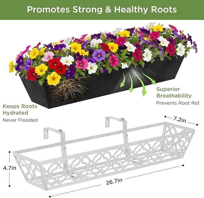 Y&M 30'' Metal Railing Planter Box Set with Black Non-Woven Fabric Liner, Flower Boxes with Adjustable Brackets, 2 Pcs Large Hanging Window Boxes for Fence, Deck, Balcony, and Garden - Gray