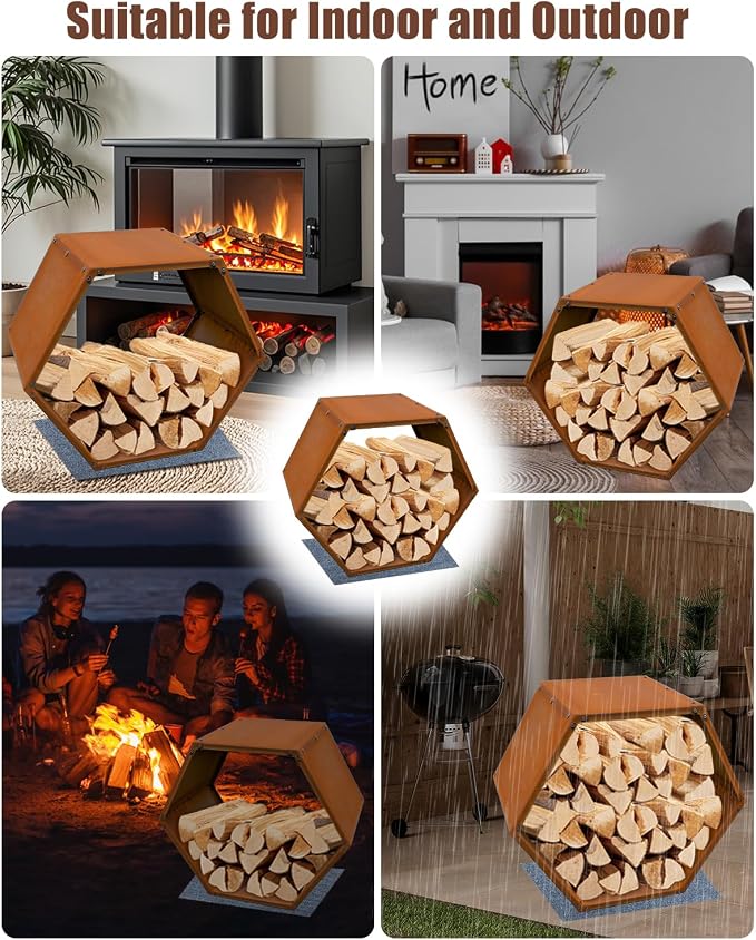 Firewood Log Rack Heavy-Duty, Corten Steel Firewood Rack with Hexagon Design, Fire Log Stacker for Wood Storage, Wood Holder for Outdoor Indoor