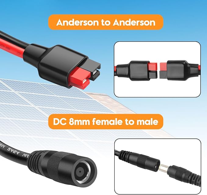 Anderson to DC 8mm Female Adapter Cable 1 to 2 High Power Port to DC8mm Splitter Solar Connector Adapter Y Parallel Cable Compatible with GZ Jackery Andersons Powerpole