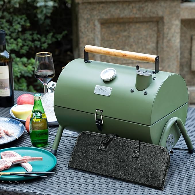 MAISON HUIS Small Charcoal Grill, Portable Tabletop BBQ Smoker for Outdoor Camping,Mini Grill with 9-Piece Stainless Steel Grill Tool Set for Tailgating Hiking Picnic (Green Kit)