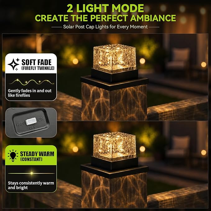 12Pack Crack Pattern Solar Post Cap Lights, DIY Firefly String Light Fence Post Solar Lights, 4x4 5x5 6x6 Vinyl/Wood Deck Post Cap Light, Built-in Solar Panel, Steady&Flickering Outdoor Patio Decor
