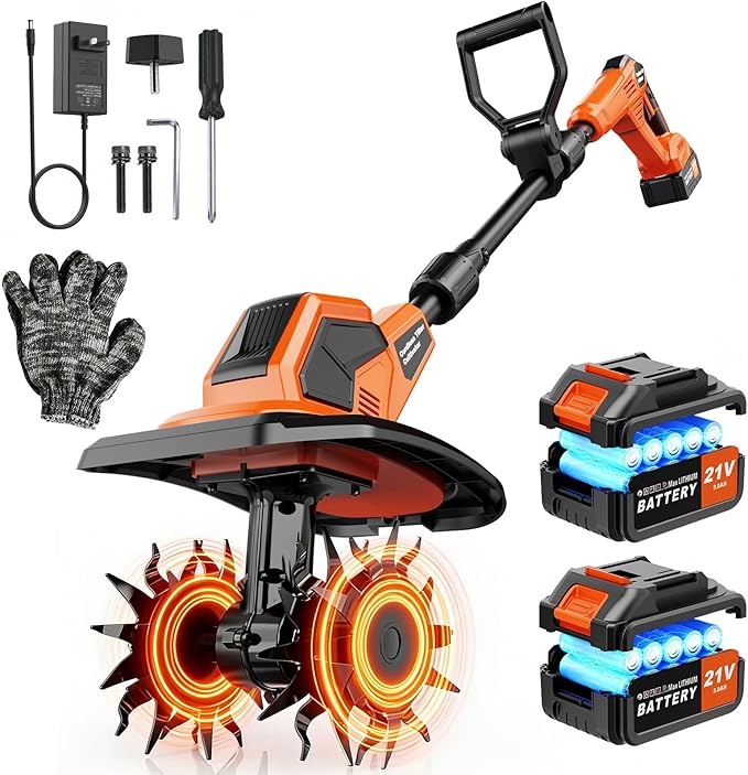 400RPM Brushless Cordlees Tiller Cultivator for Gardening, 20V Electric Garden Tiller Battery Powered((2*3.0Ah Battery&Charger), 9.5"Width 7"Depth, Garden Rototiller for Yard/Lawn/Soil Tiller (Orange)