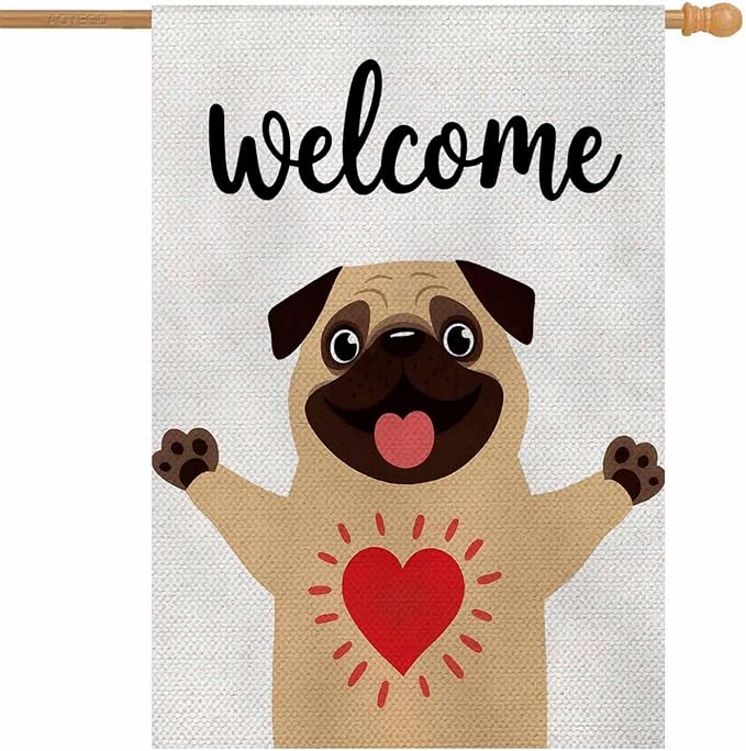 AOYEGO Funny Dog Welcome House Flags 28 x 40 Double Sided Burlap Greeting Cute Dog Sweet Pug Hug Yard Flags Spring Summer Farmhouse Seasonal Outdoor Flag