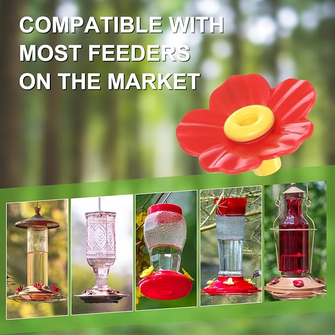 M METERXITY 32-Pack Hummingbird Feeder Replacement Flowers, Plastic Pet Hummingbird Feeding Parts Feeding Ports for Outdoor Hanging Feeders, Bees Guards [Red]