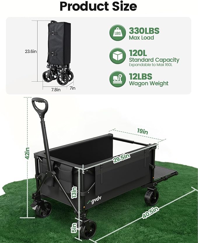 GVDV CW35 Plus Foldable Wagon Cart with Tailgate, 42-Inch Extended Handle Collapsible Utility Wagon, 330LBS Heavy-Duty Cart for Groceries, Camping, Beach, Garden, Sports