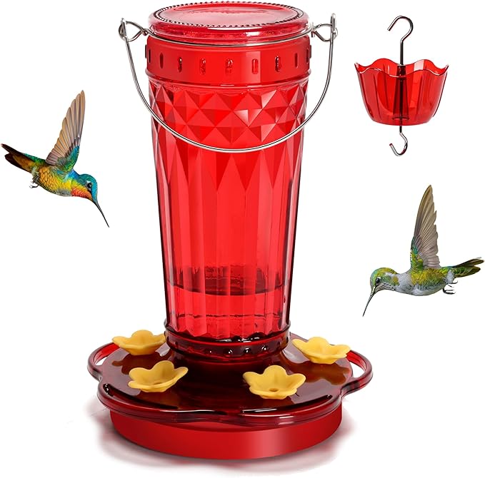 Zamelane Hummingbird Feeder-16 Ounces，6 Feeding Ports Glass Hummingbird feeders for Outdoors,Wide Mouth for Easy Filling/Cleaning，Hanging for Garden Backyard Decor, Includes Ant Moat (Red，1Pack)
