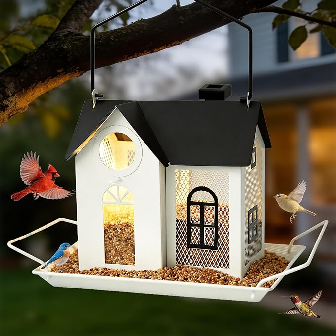 Solar Bird Feeder for Outdoors – White Metal Hanging Bird Feeder with Solar Light, Decorative Bird House Feeder for Cardinals, Finches, and Wild Birds, Weatherproof Backyard Garden Decor