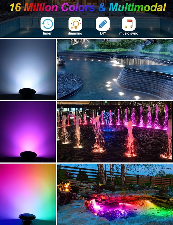 RGB Underwater Pond Lights, Super Bright LED Submersible Fountain Lighting Colored Landscape Spotlights, Bluetooth APP Control IP68 Waterproof for Fish Aquarium Tank Garden Yard Pool (Set of 4)