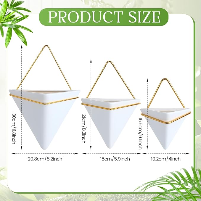 Rtteri 15 PCS Wall Hanging Planter Set with Artificial Greenery, 3 Ceramic Geometric Wall Planters in 3 Sizes, Modern Indoor Decor for Living Room Bathroom Office