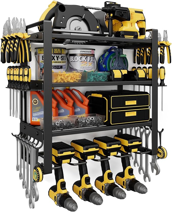 Jusgym Power Tool Organizer Wall Mount |200lbs Garage Tool Storage Rack with 4 Cordless Drill Holder |4-Tier Heavy Duty Garage Organization |Gifts for Men