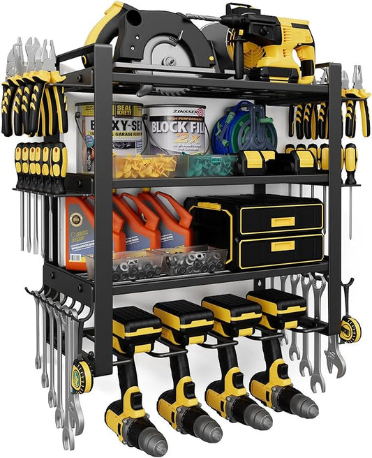 Jusgym Power Tool Organizer Wall Mount |200lbs Garage Tool Storage Rack with 4 Cordless Drill Holder |4-Tier Heavy Duty Garage Organization |Gifts for Men