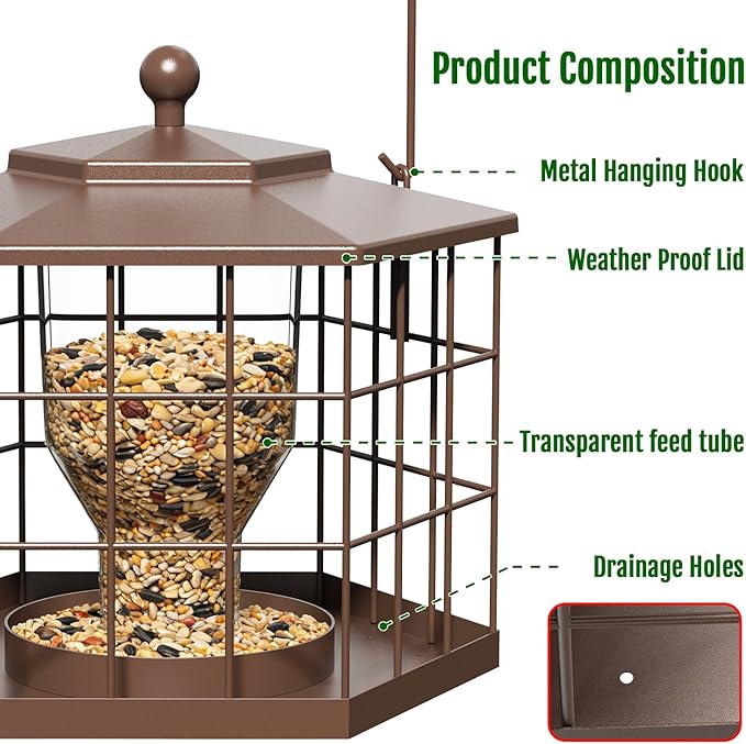 Birdream Squirrel Proof Bird Feeders for Outdoor Hanging, Metal Cage Bird Feeder with Rain Proof Covered for Wildbirds Bluebird Finches, Brown