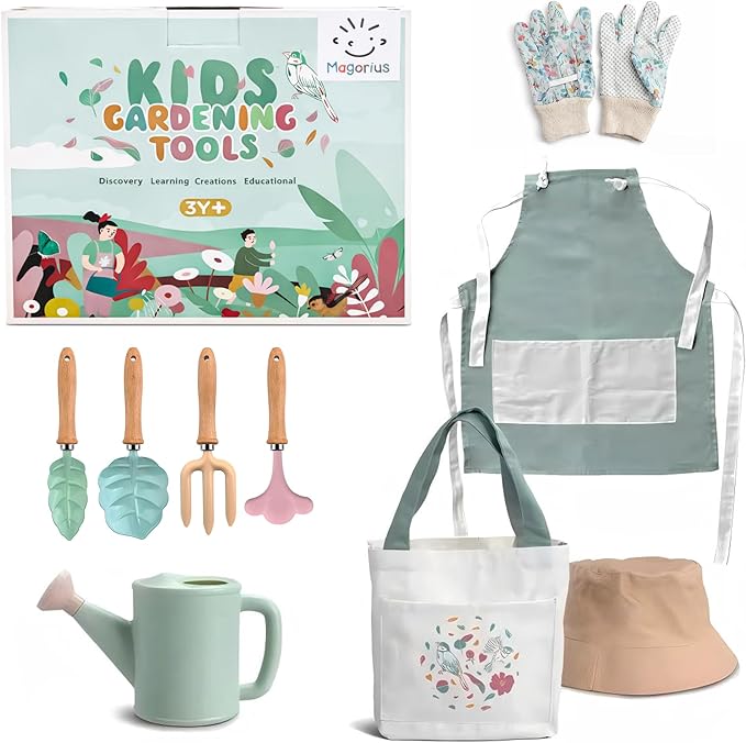 Kids Gardening Tools Set - 9 Piece Real Metal Tools with Sturdy Wood Handles, Includes Washable Apron, Hat, Tote Bag and Watering Can - STEM Outdoor Learning Gift for Boys and Girls.
