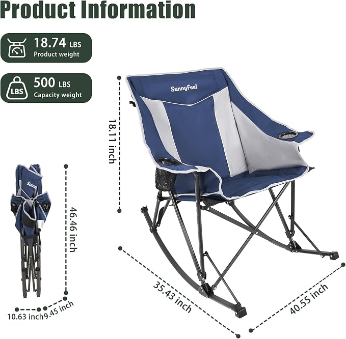 SUNNYFEEL Oversized Folding Rocking Camping Chair 2 Pack Fully Padded Patio Chair Blue Portable Outdoor Rocker High Back Portable Lawn Recliner with Side Pocket Camp Rocker Chairs Heavy Duty 500 LBS