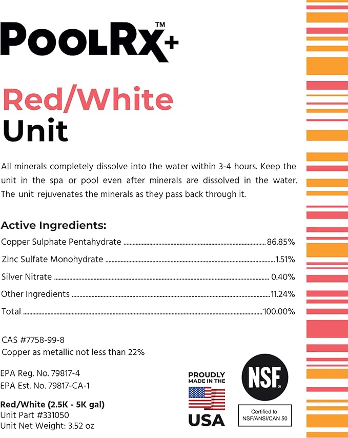 PoolRx+ Mineral Algaecide Unit, up to 6-Month Algae Control, for 2.5K-5K gallons, Red & White, New Formula with Silver.