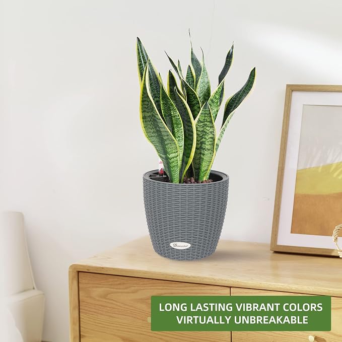 Dexceder 9x8 Self Watering Planter (Deep Gray Rattan) | Inner Pot Design, Thickened Table Flower Plant Pot with Water Level Indicator Indoor Outdoor