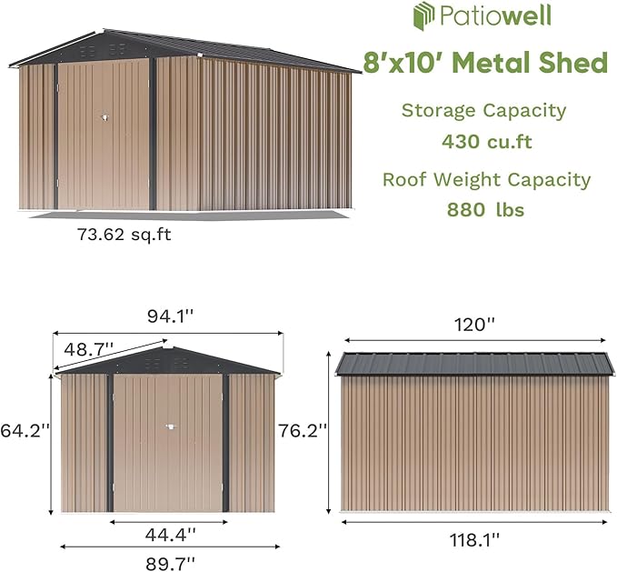 Patiowell 8x10 FT Outdoor Storage Shed, Large Garden Tool Metal Shed with Sloping Roof and Lockable Door, Outside Sheds for Backyard Patio Lawn, Brown